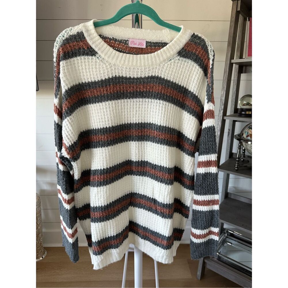 Pink Lily lightweight color block crewneck pullover sweater Womens S blue orange